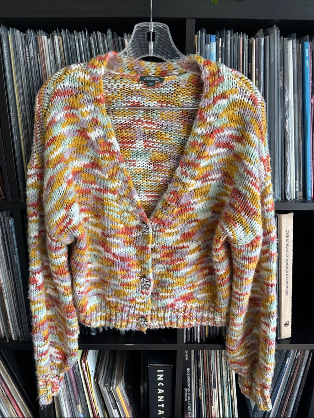 WILD FABLE Rhinestone Button Front Cropped Cardigan Multi Spacedye Boxy Sweater